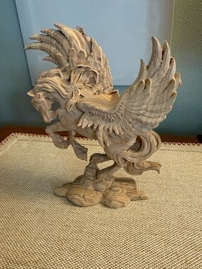 Hand-Carved Pegasus Figurine - Natural Wood Tone Home Accent